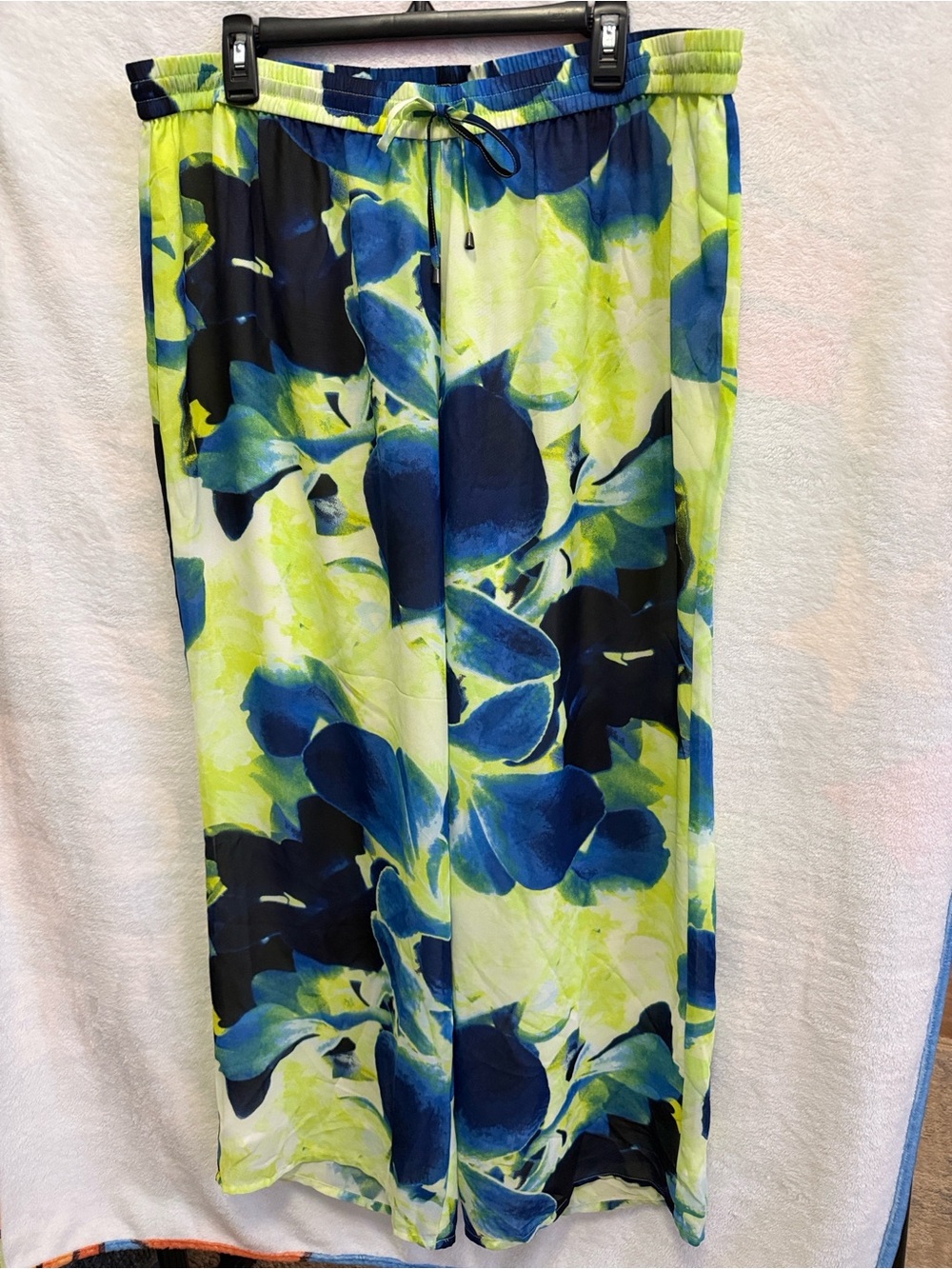 Skye's the Limit Neon Green & Navy Floral Abstract Wide Leg Pants Size XL